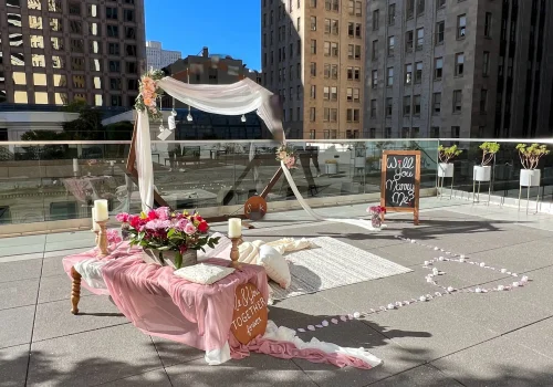 Romantic outdoor picnic setup in San Francisco with city skyline